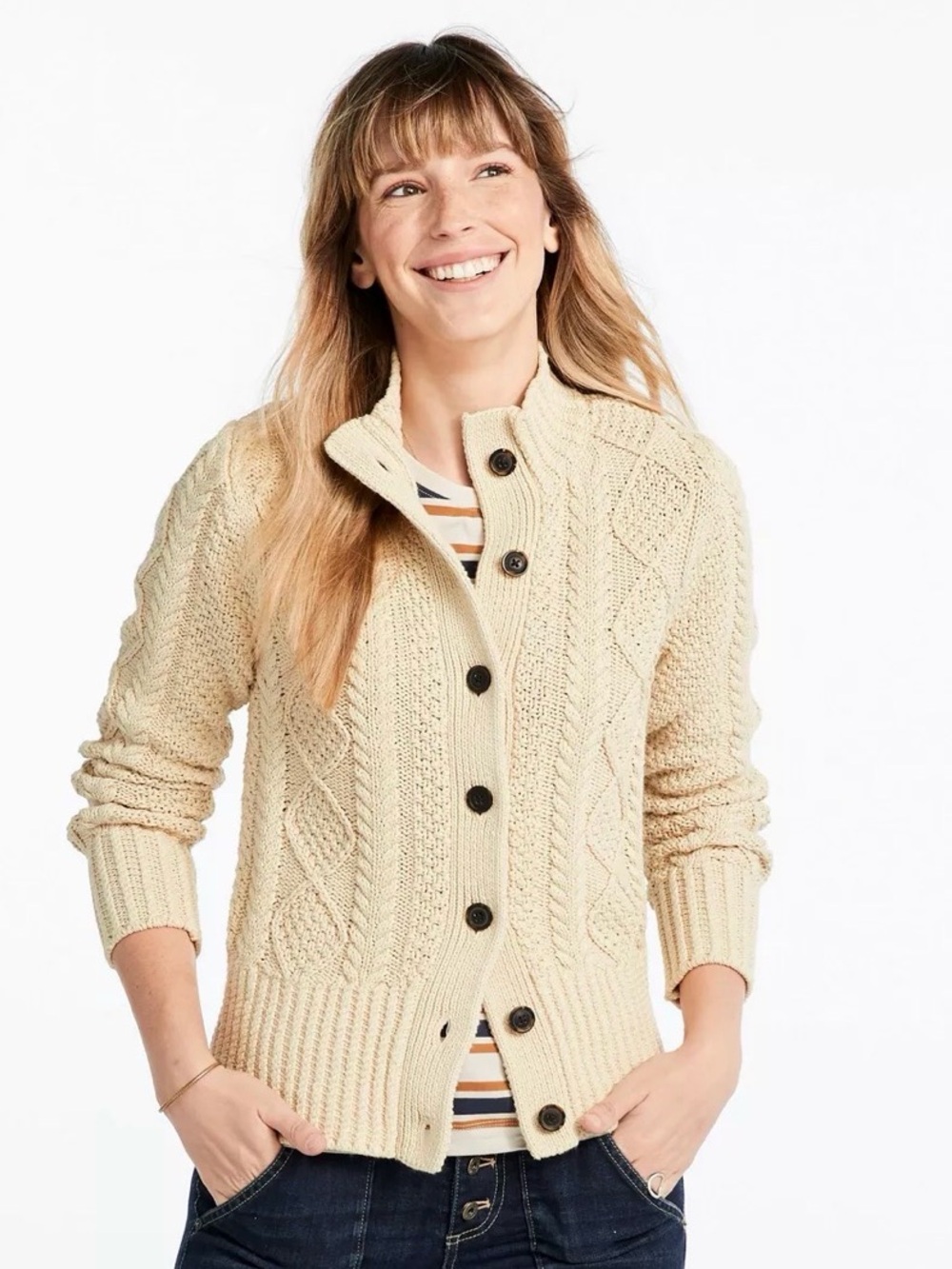 L.L. Bean Cream Cable-Knit Button Front Cardigan